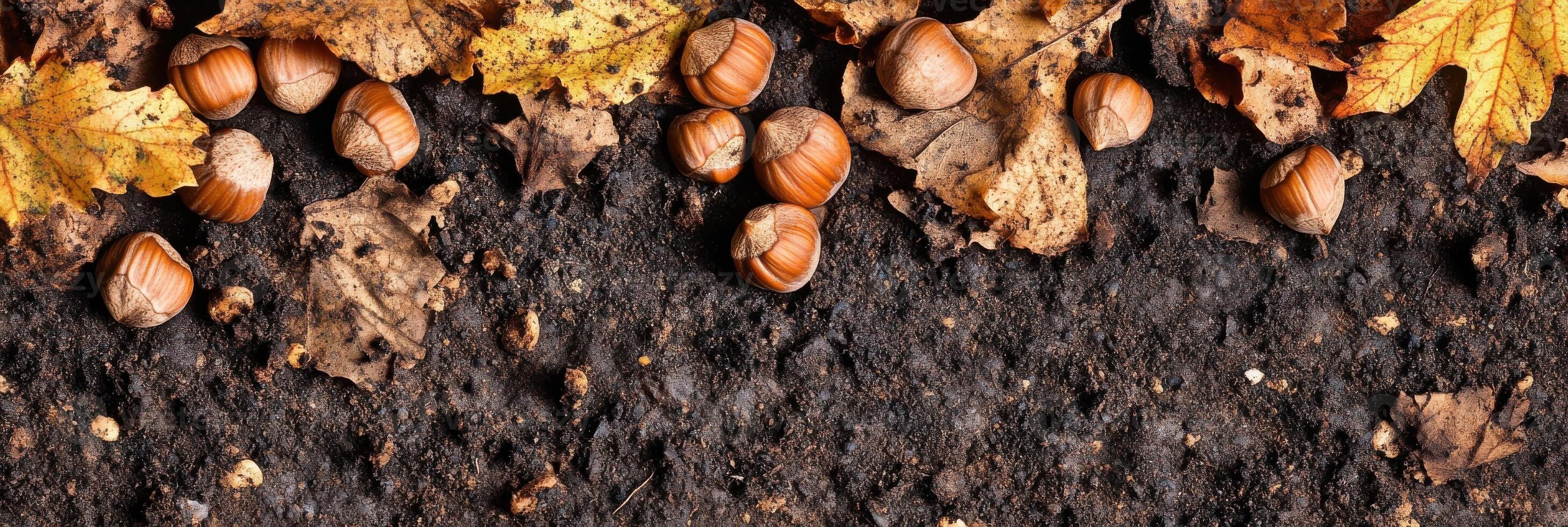Fallen autumn leaves and acorns on forest ground capturing seasonal change photo