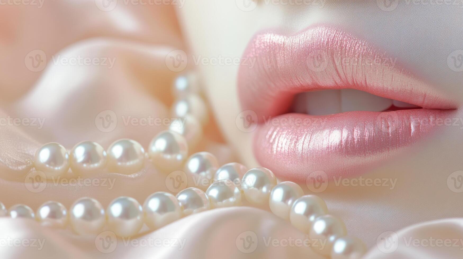 Close-up of glossy pink lips and pearls on soft satin background photo