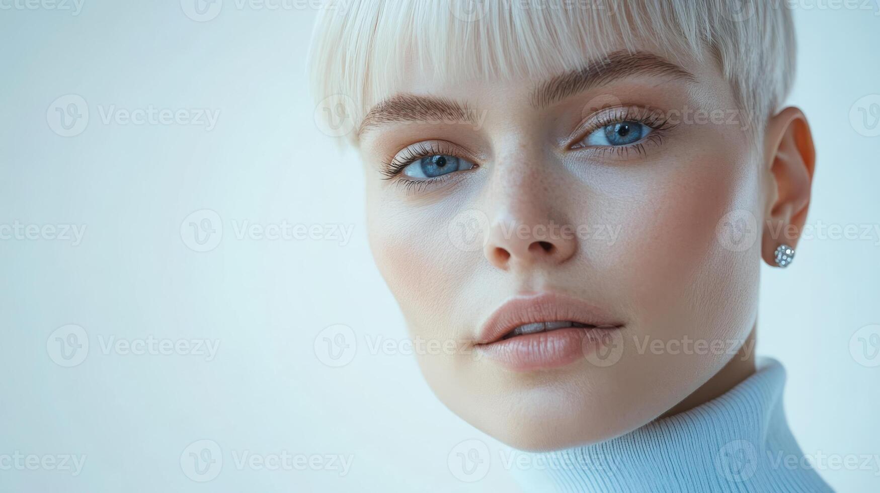Female with short blonde hair and blue eyes in close-up portrait beauty concept photo