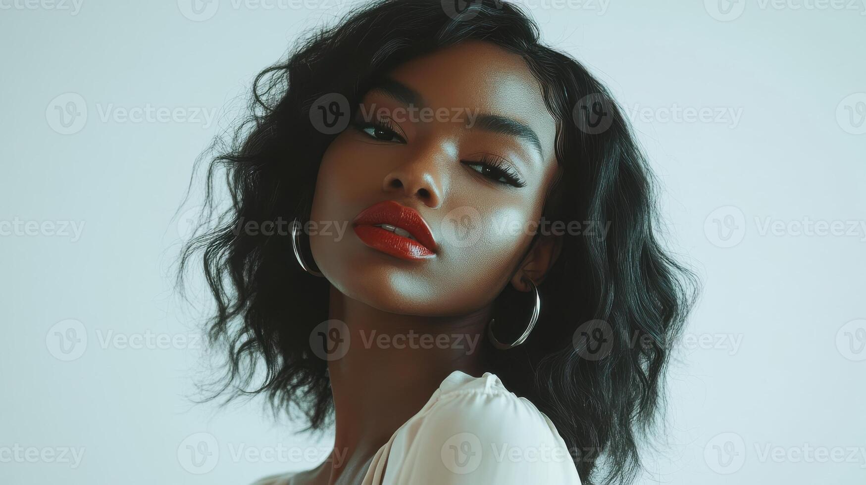 Portrait of a woman with hoop earrings and red lips highlighted against minimalist background photo