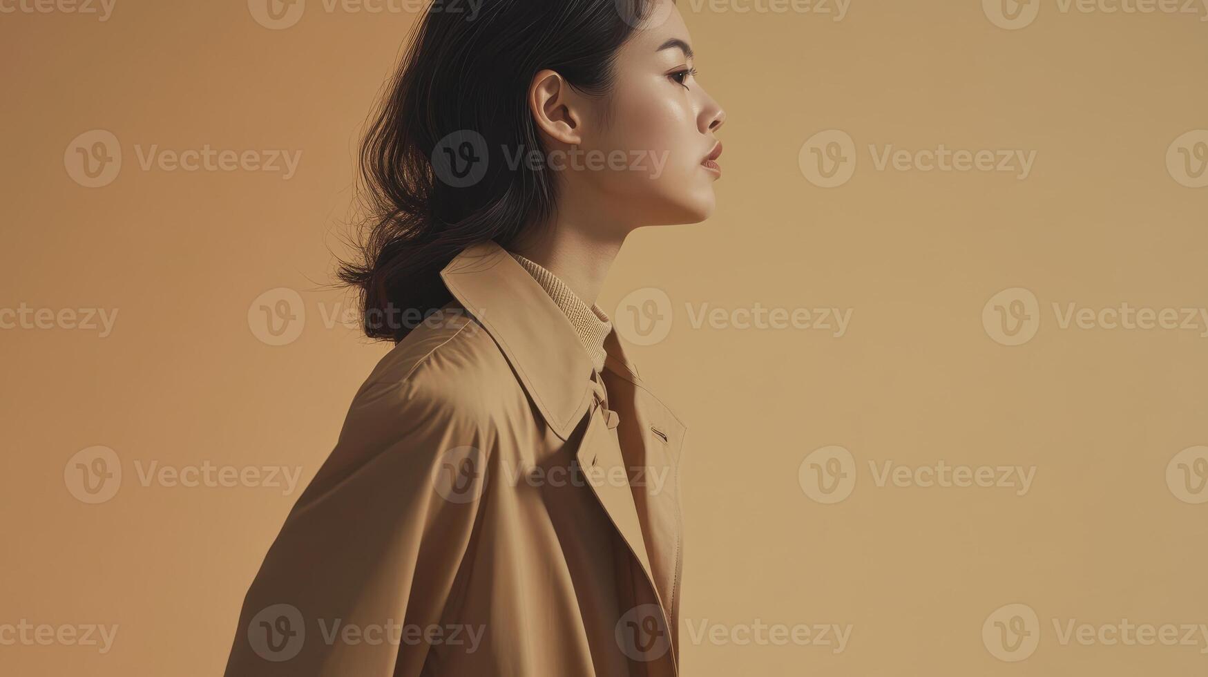 Profile portrait of stylish young woman in beige coat against neutral background photo