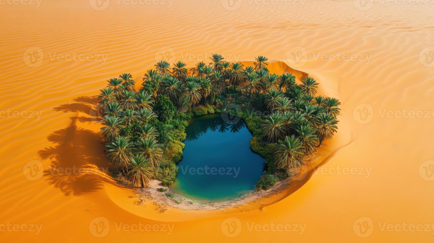 Aerial view of desert oasis with lush palm trees and tranquil water body photo
