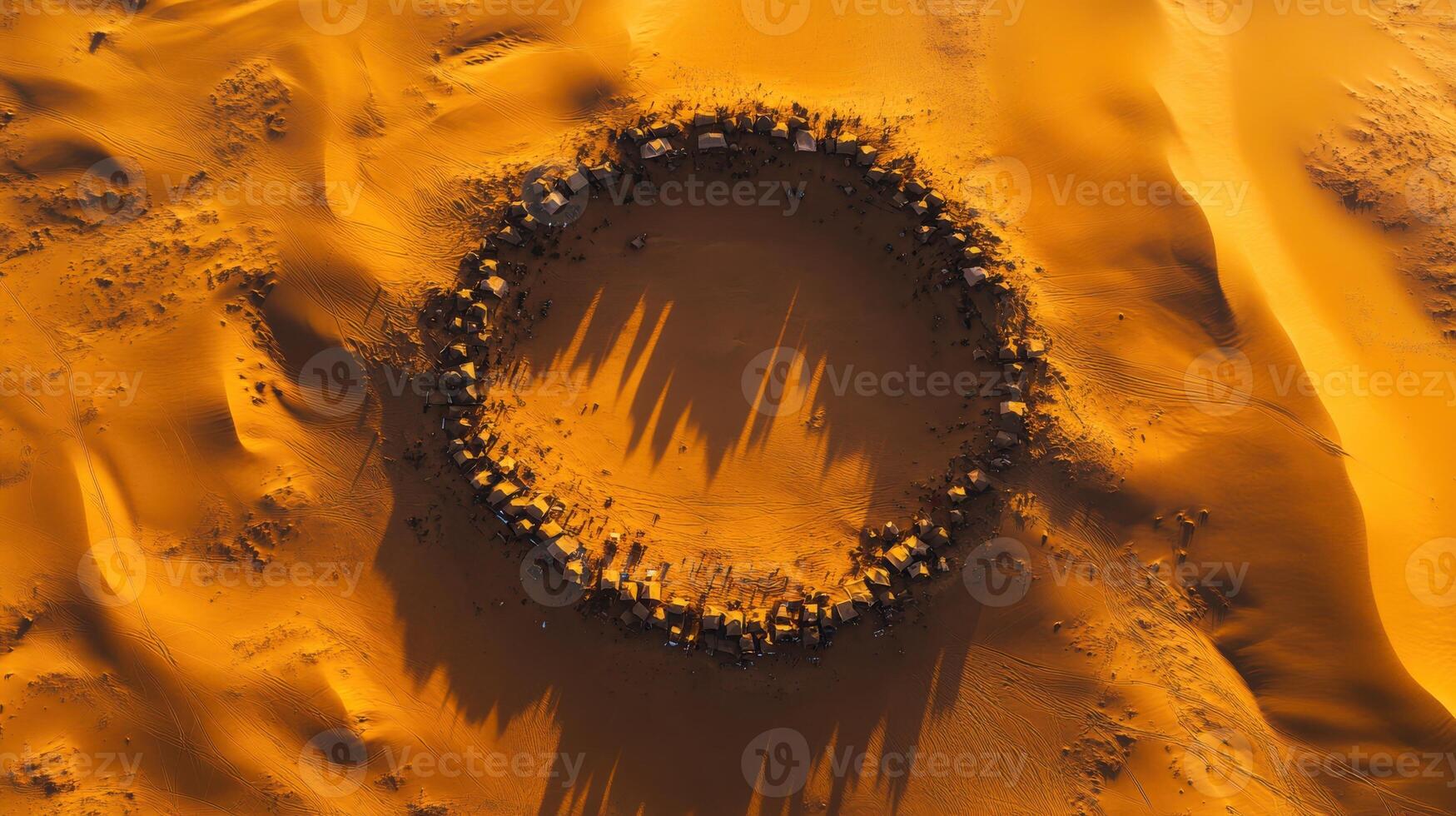 Aerial view of circular caravan site in vast desert landscape photo