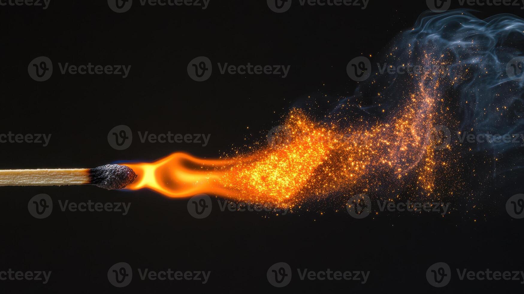 Sparkling ignition of a burning matchstick with fiery flames and smoke trail photo