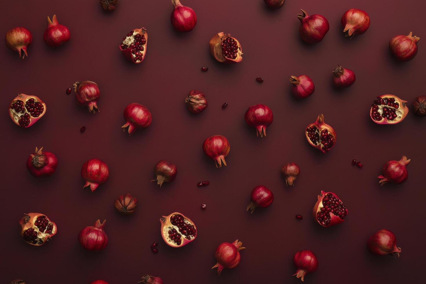 Pattern of whole and cut pomegranates on dark red background photo