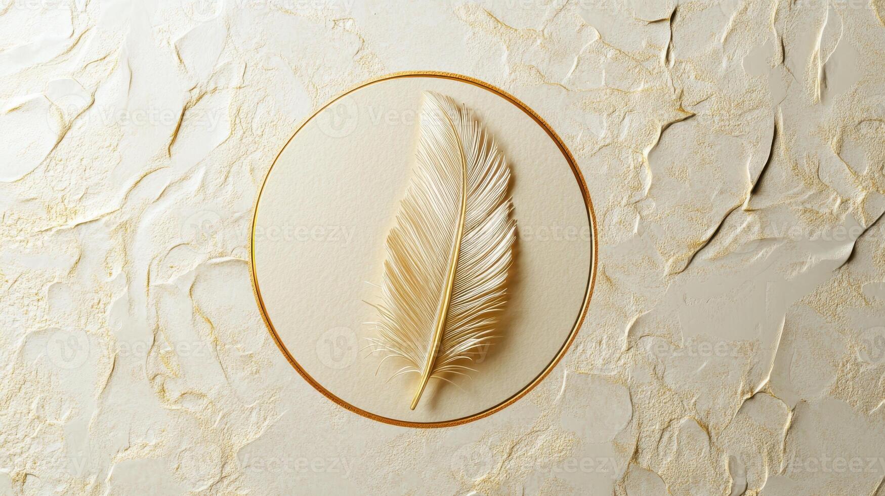 Elegant feather on textured beige surface with gold circular frame concept photo