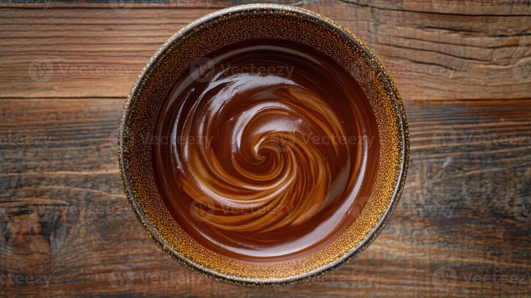 Swirling chocolate mix in rustic brown ceramic bowl on wooden table surface photo
