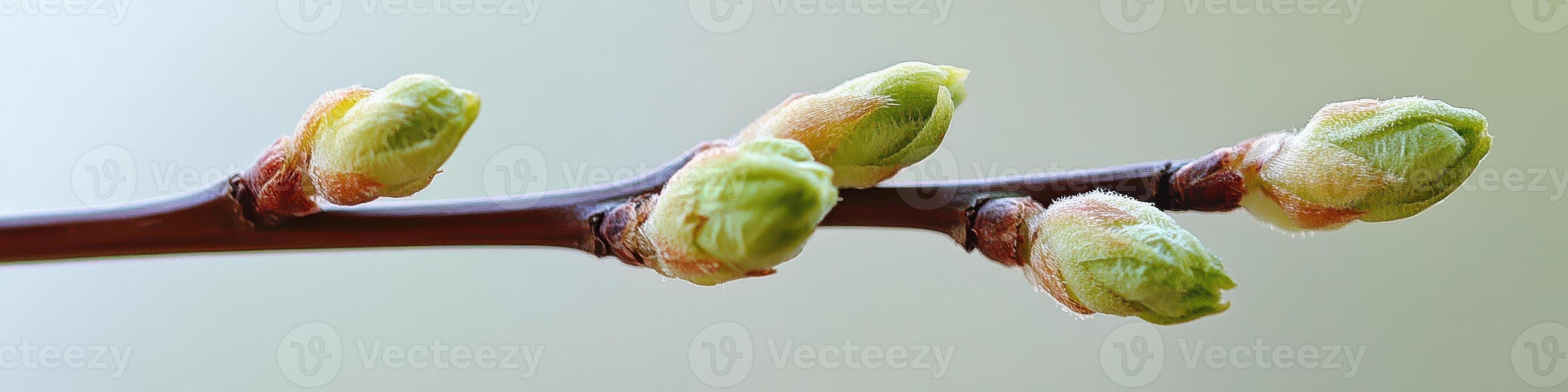 Close up of budding branch with emerging spring green leaves highlighting renewal photo