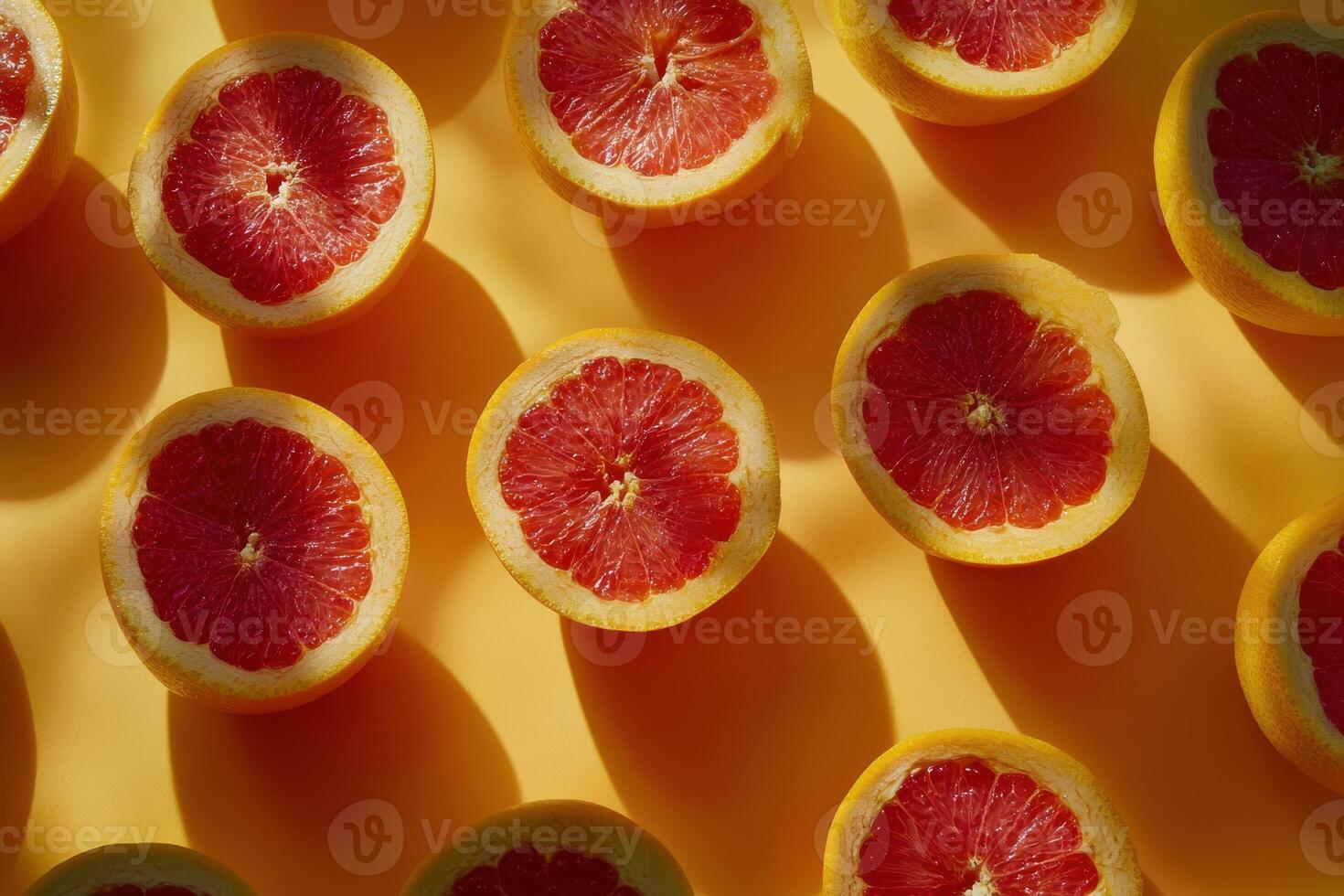 Fresh grapefruit halves arranged on a bright surface with shadows and sunlight photo