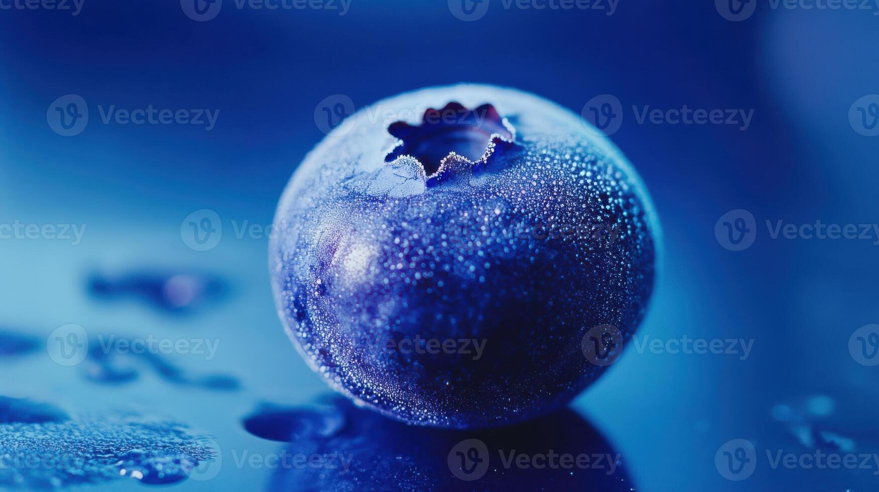 Close-up view of fresh blueberry with water drops on blue surface photo