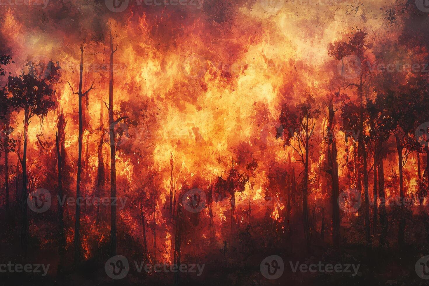 Intense forest fire consuming trees during devastating wildfire event photo
