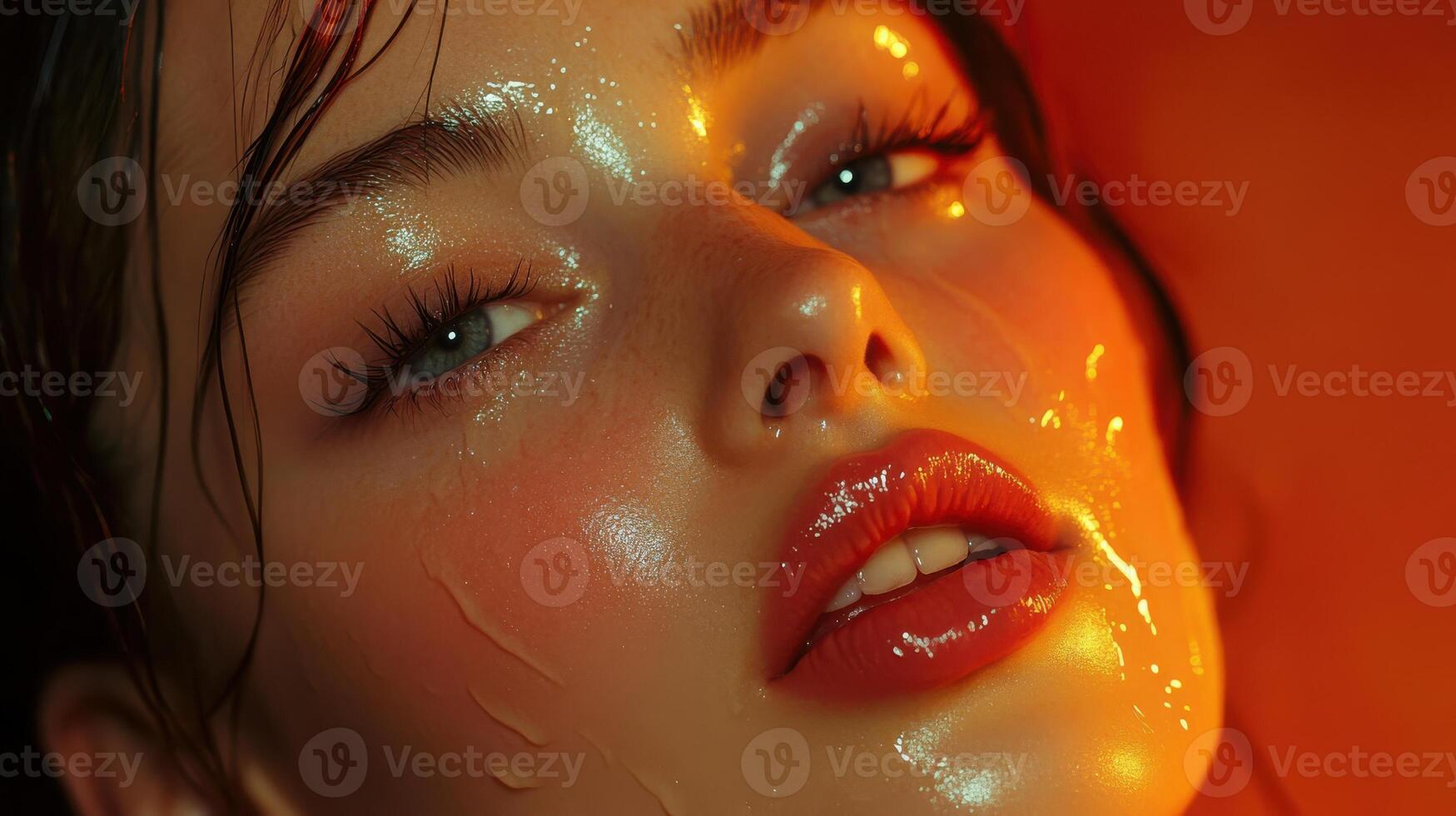 Close-up portrait of a woman with wet glossy skin in warm lighting photo