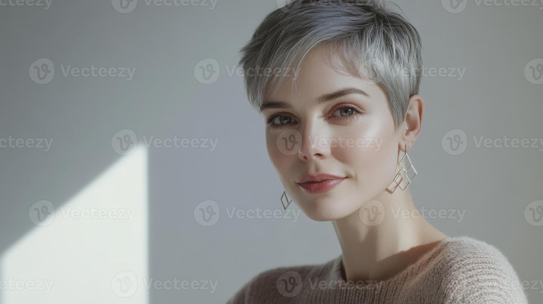 Portrait of a smiling young woman with short hair and geometric earrings photo