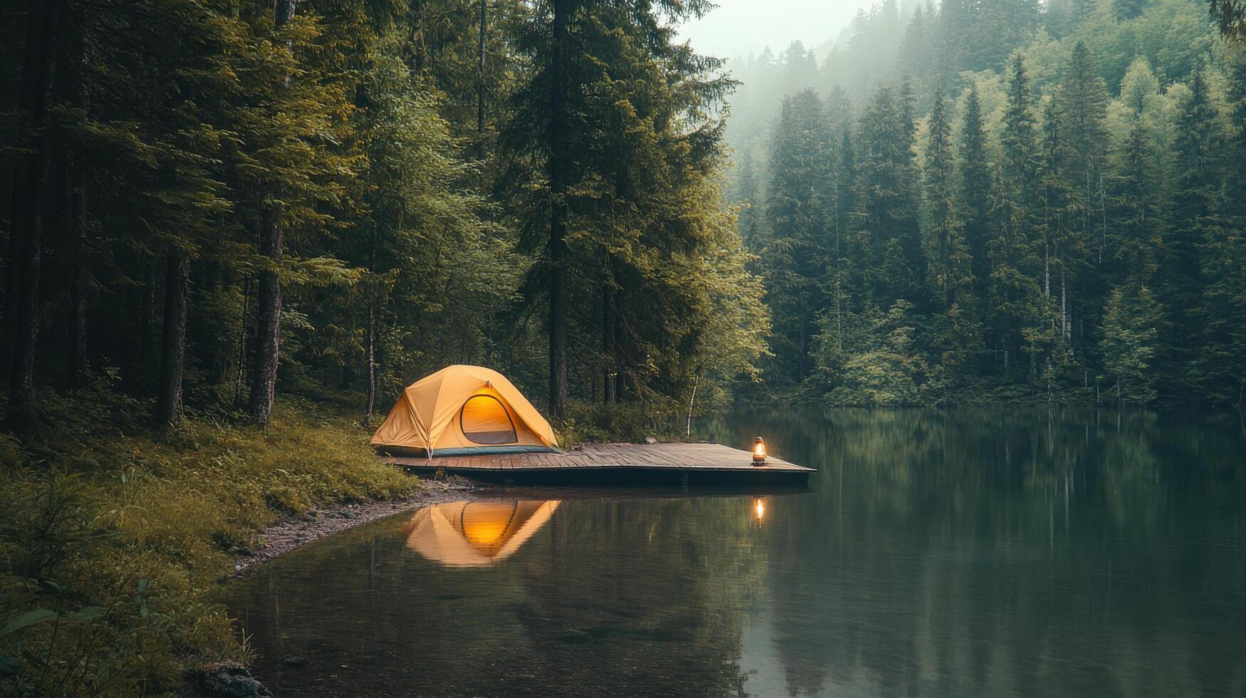 Tranquil camping by the lake in forest setting with tent and lantern reflections photo