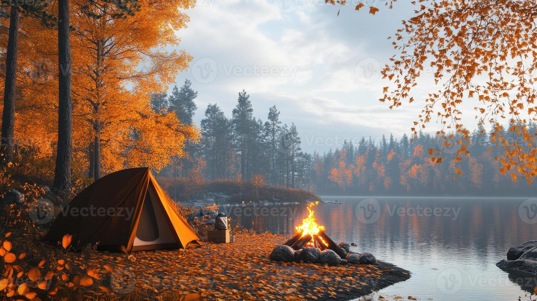 Autumn camping scene with tent and campfire by a forest lake photo