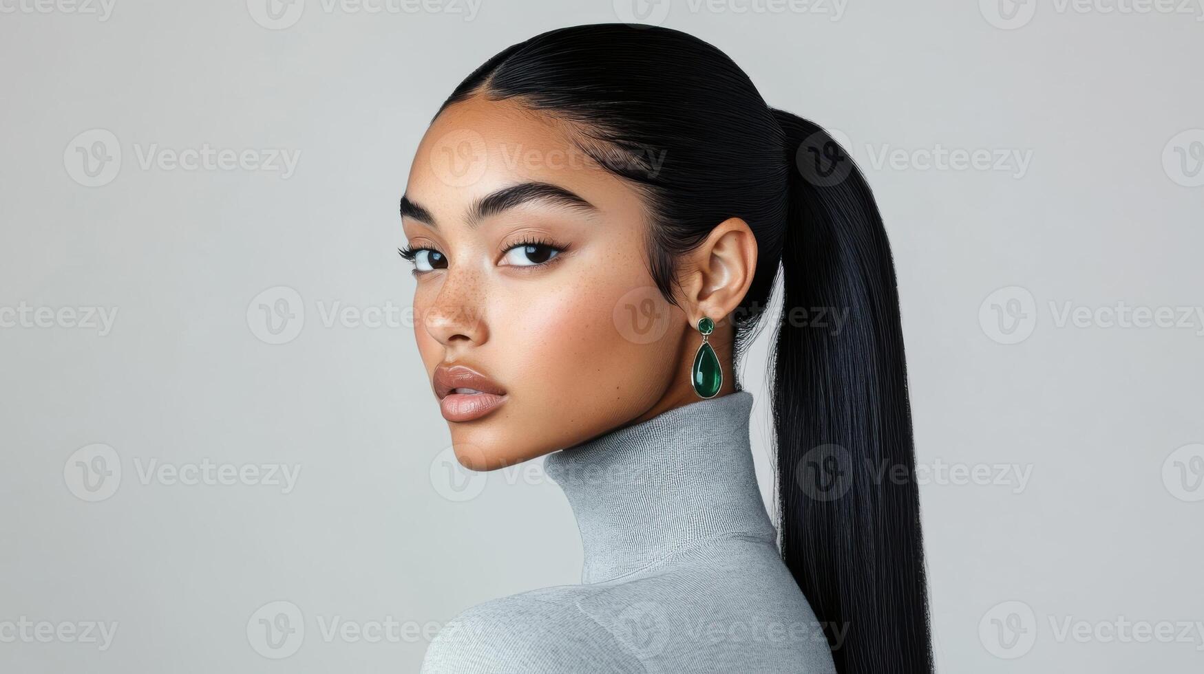 Elegant portrait of a female model with long hair and green earrings photo
