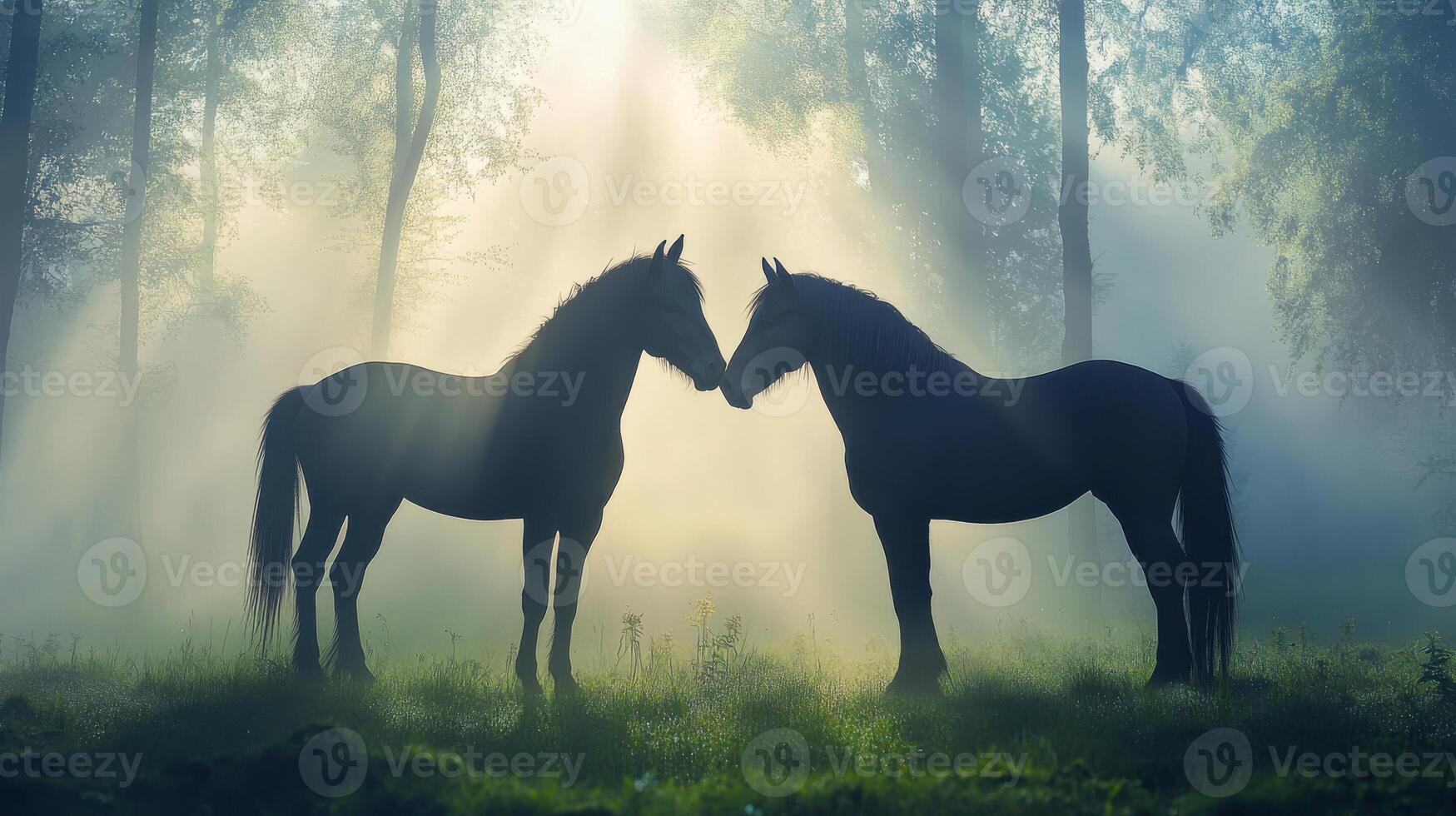 Two horses silhouetted in misty forest with sun rays creating ethereal atmosphere photo