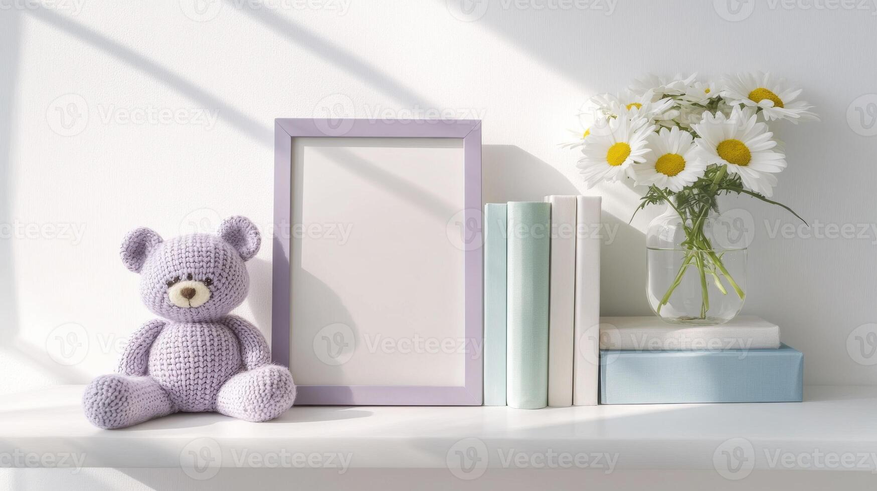 Knitted teddy bear and daisies with frame on shelf in cozy interior photo