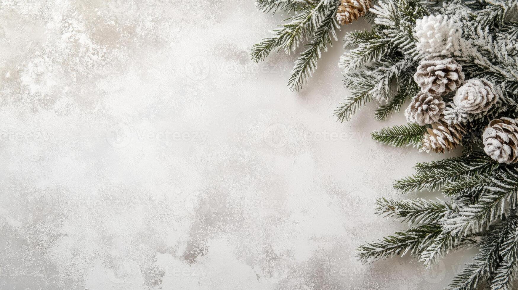 Frost-covered pine branches sparkling in winter snowfall scene photo