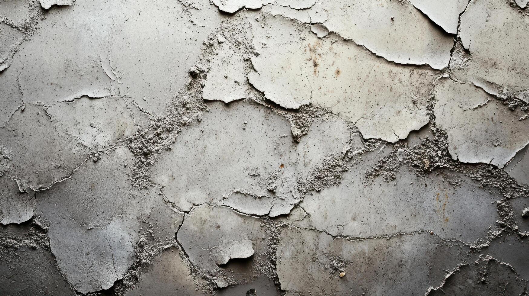 Weathered concrete wall with peeling texture and cracks in close-up view photo