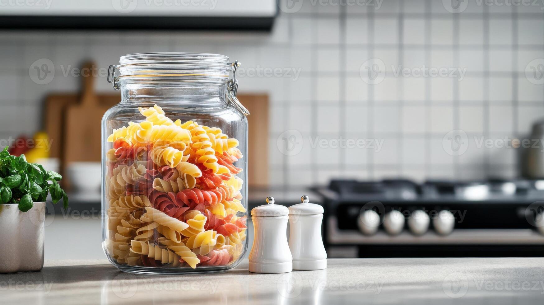 Pasta in glass jar on kitchen counter photo