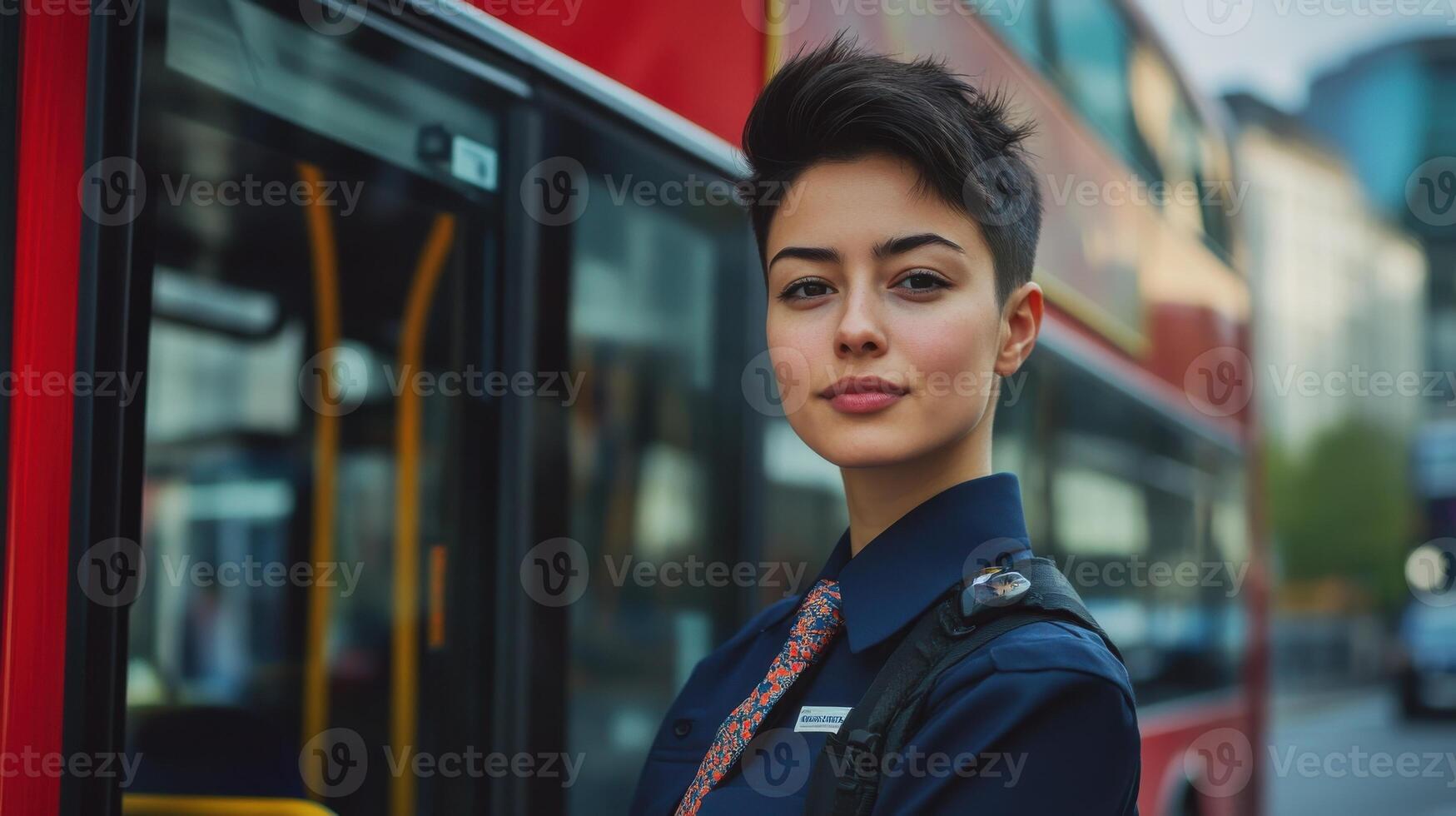 Confident female bus driver in uniform posing next to a double-decker on city street photo
