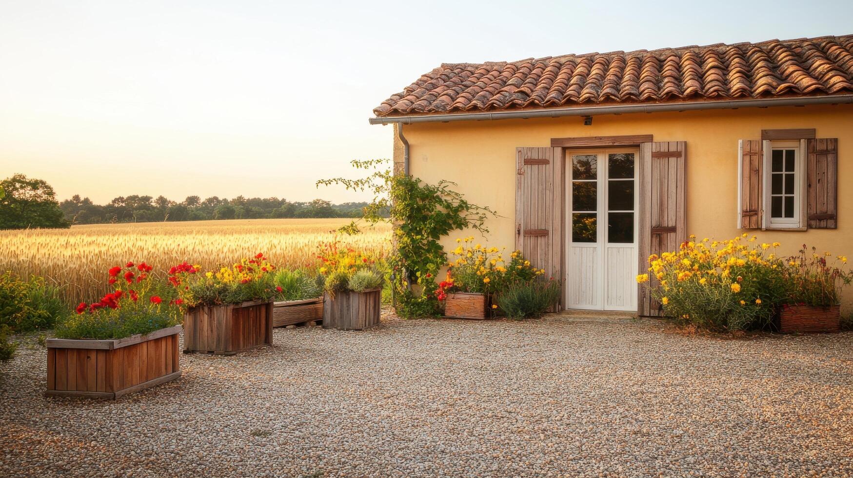 Countryside cottage with flower-filled garden and wheat field at sunset photo