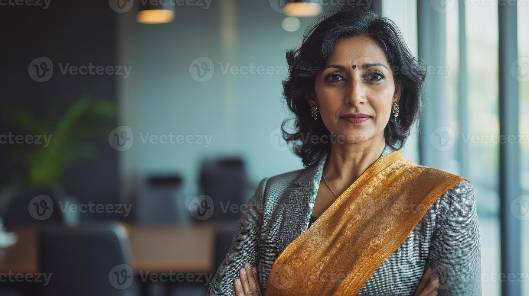 Confident businesswoman wearing traditional sari in corporate office environment photo