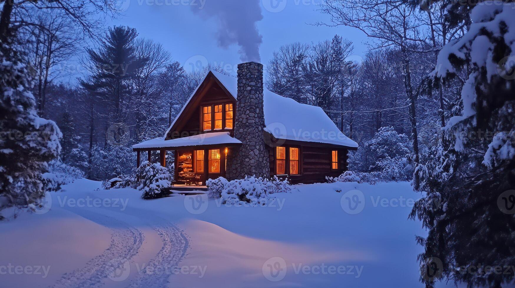 Cozy winter cabin in snowy forest with warm glowing windows and stone chimney photo