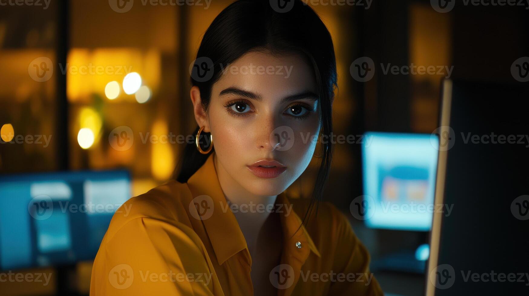 Portrait of woman working late in office with computer screens in the background photo