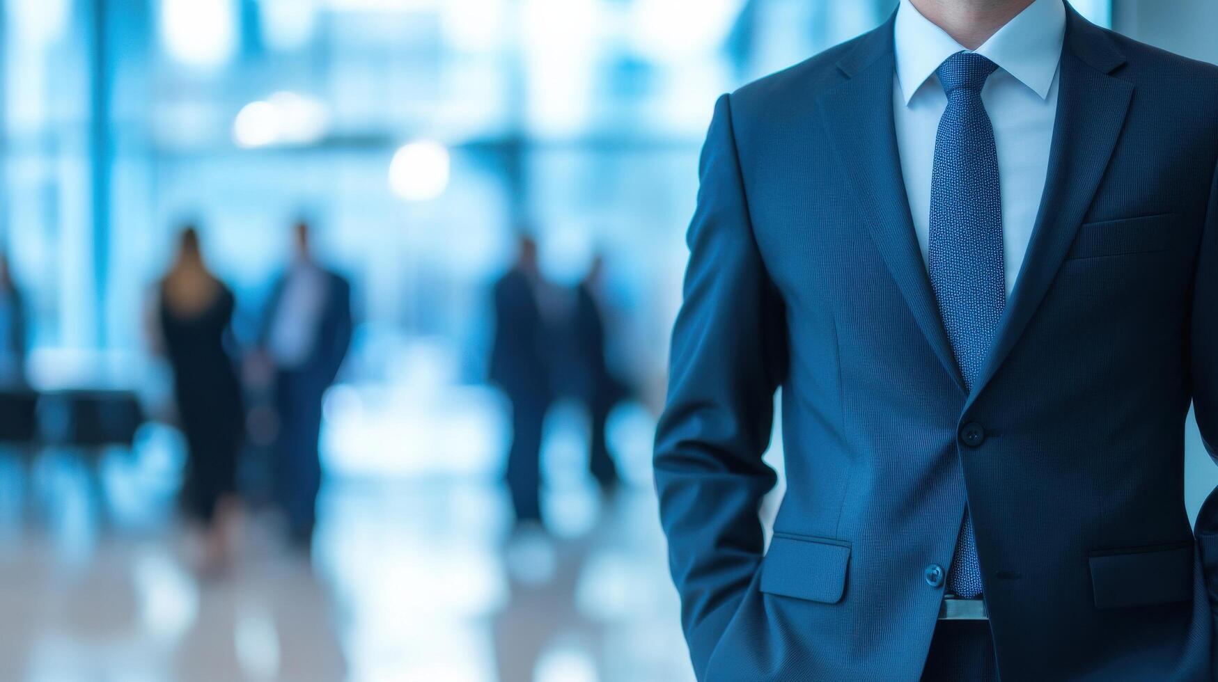 Business professional in office environment with blurred colleagues in background photo