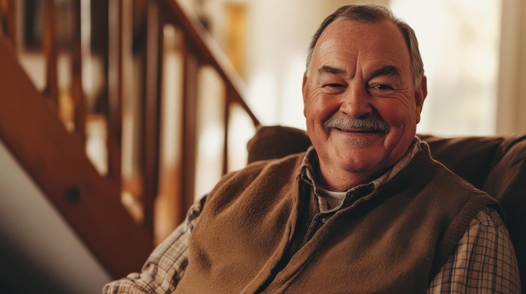 Elderly man smiling indoors with staircase background providing warm ambiance photo