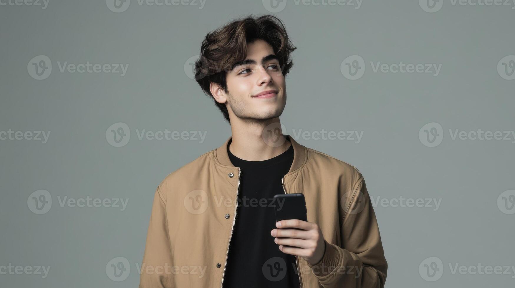 Young man holding smartphone in casual jacket on neutral background photo