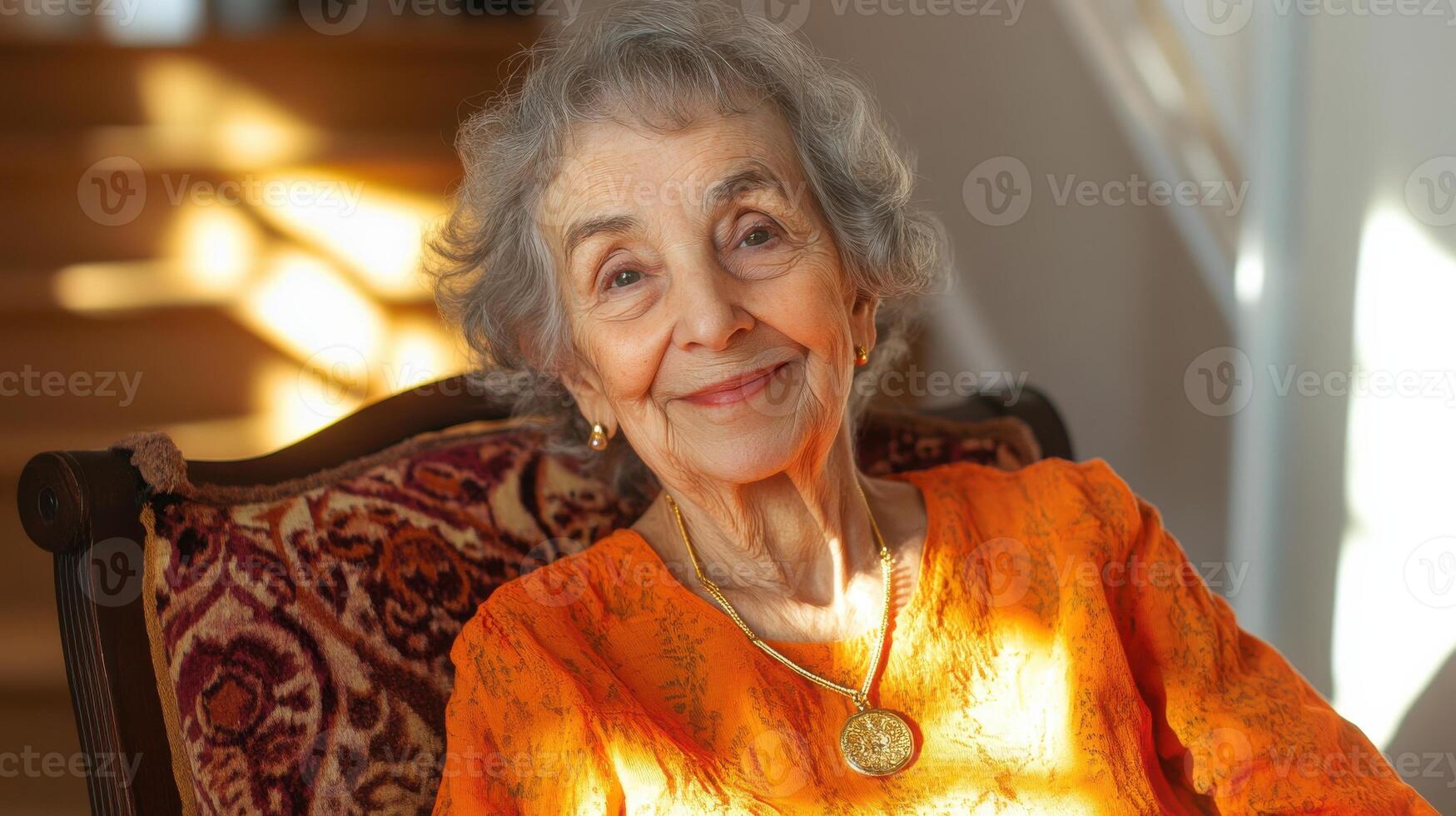 Elderly woman smiling sitting indoors in sunlit room reflecting warmth and comfort photo