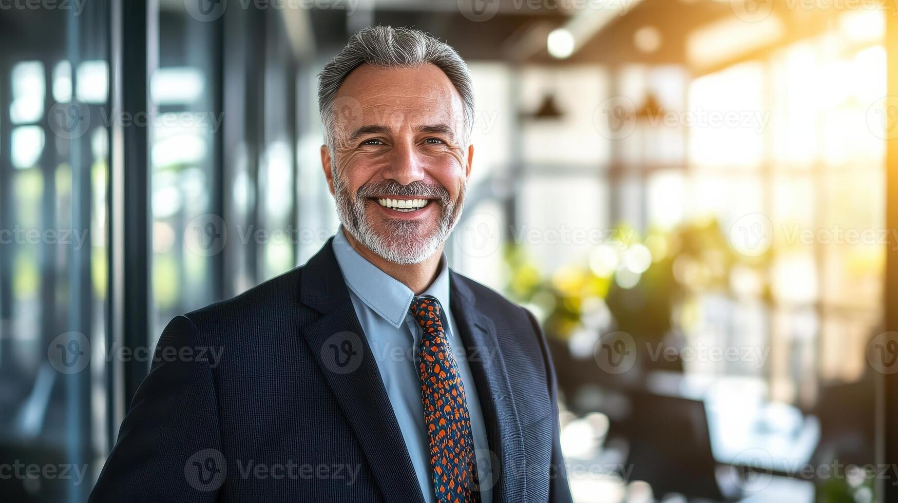 Confident smiling businessman in office hallway with sunlight background photo