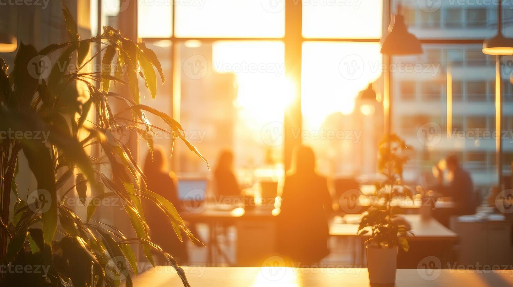 Sunlit office workspace with people working and indoor plants at sunset photo