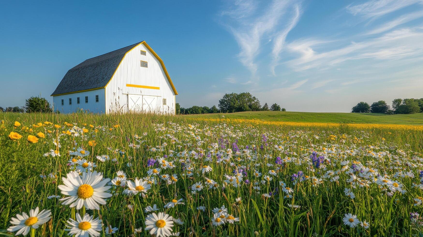 Charming rural barn surrounded by vibrant meadow of wild daisies under blue sky photo