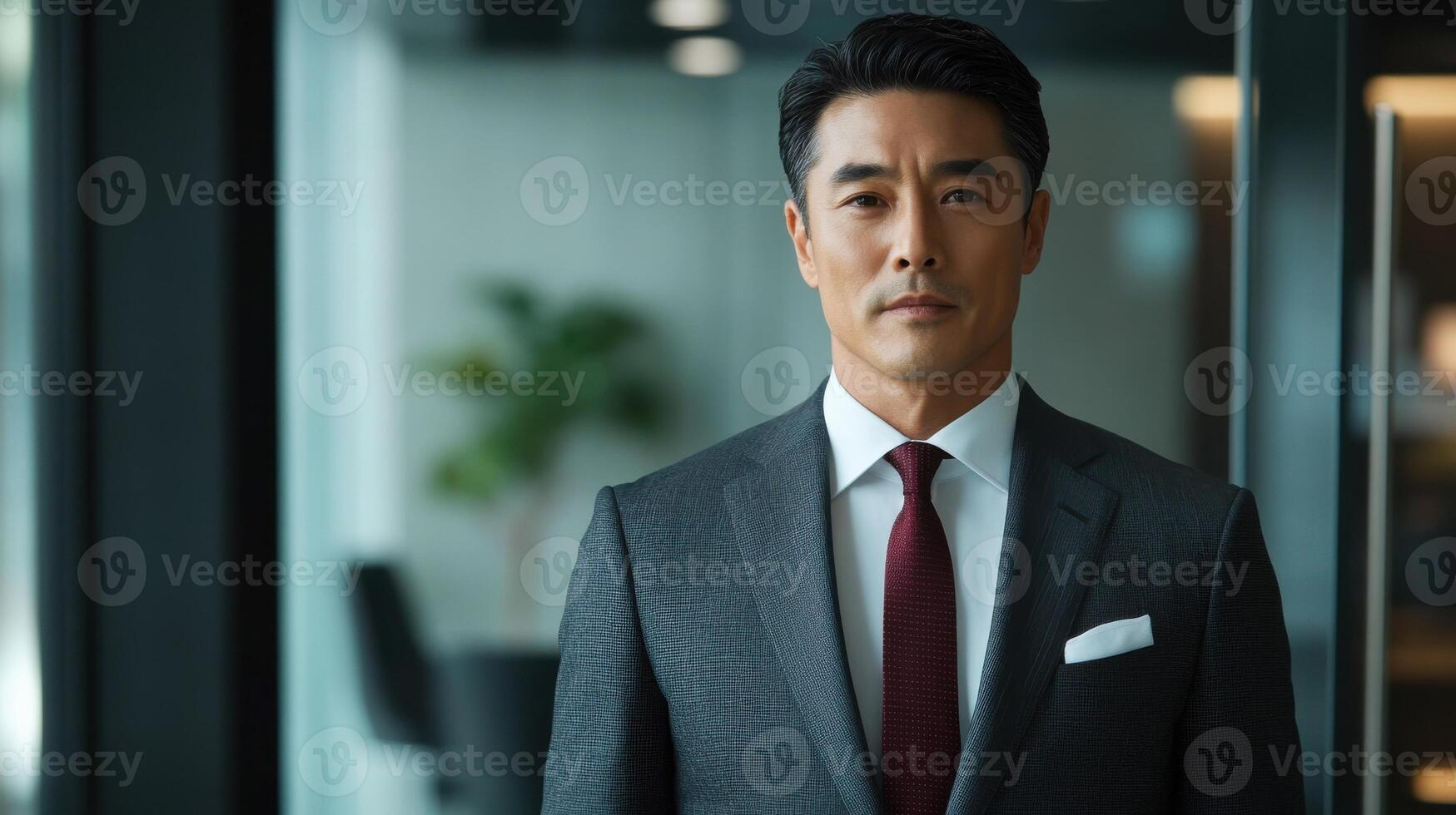 Confident male business professional in formal suit posing in modern office setting photo