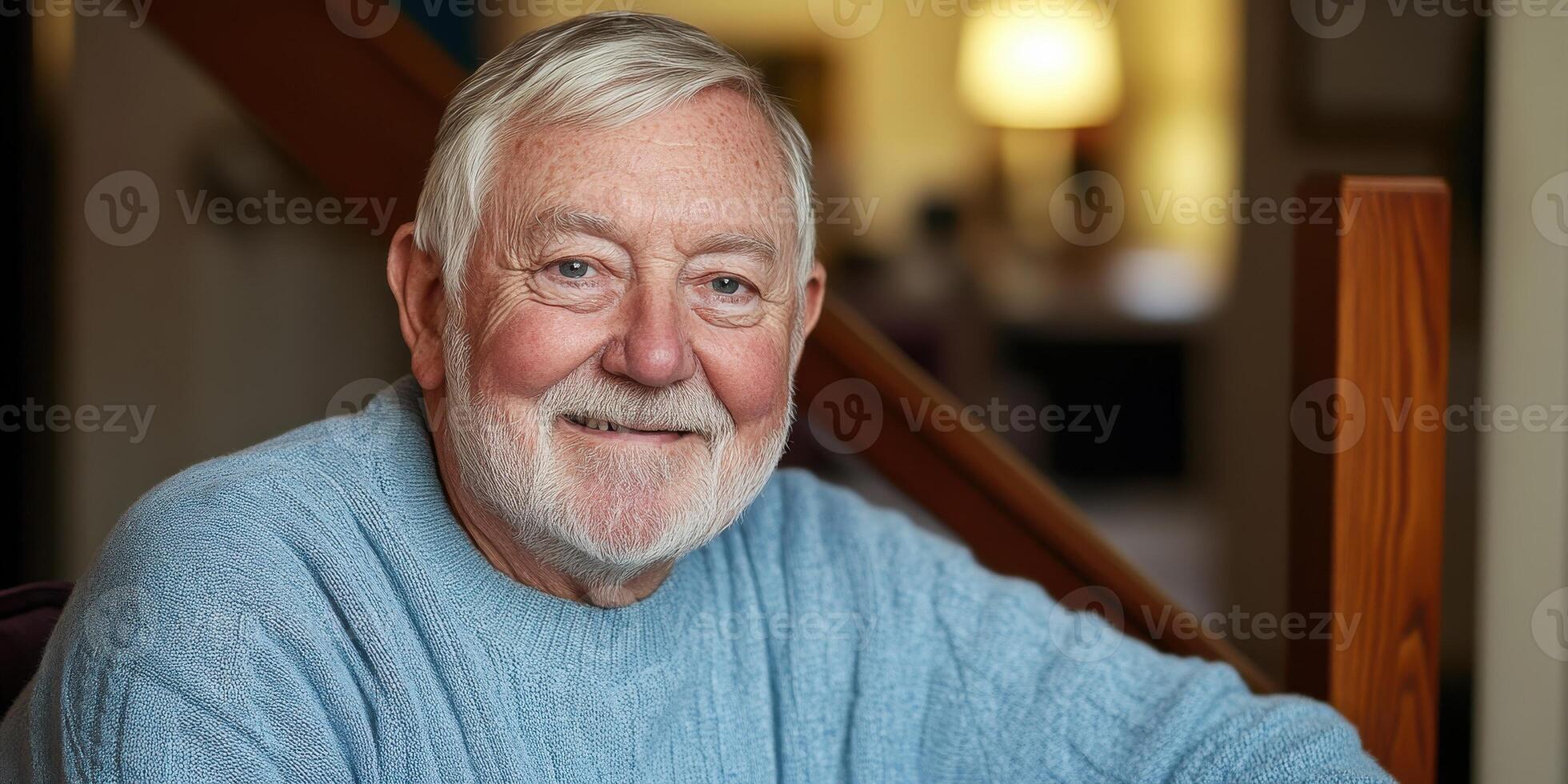 Elderly man smiling indoors with cozy sweater in warm ambient lighting photo