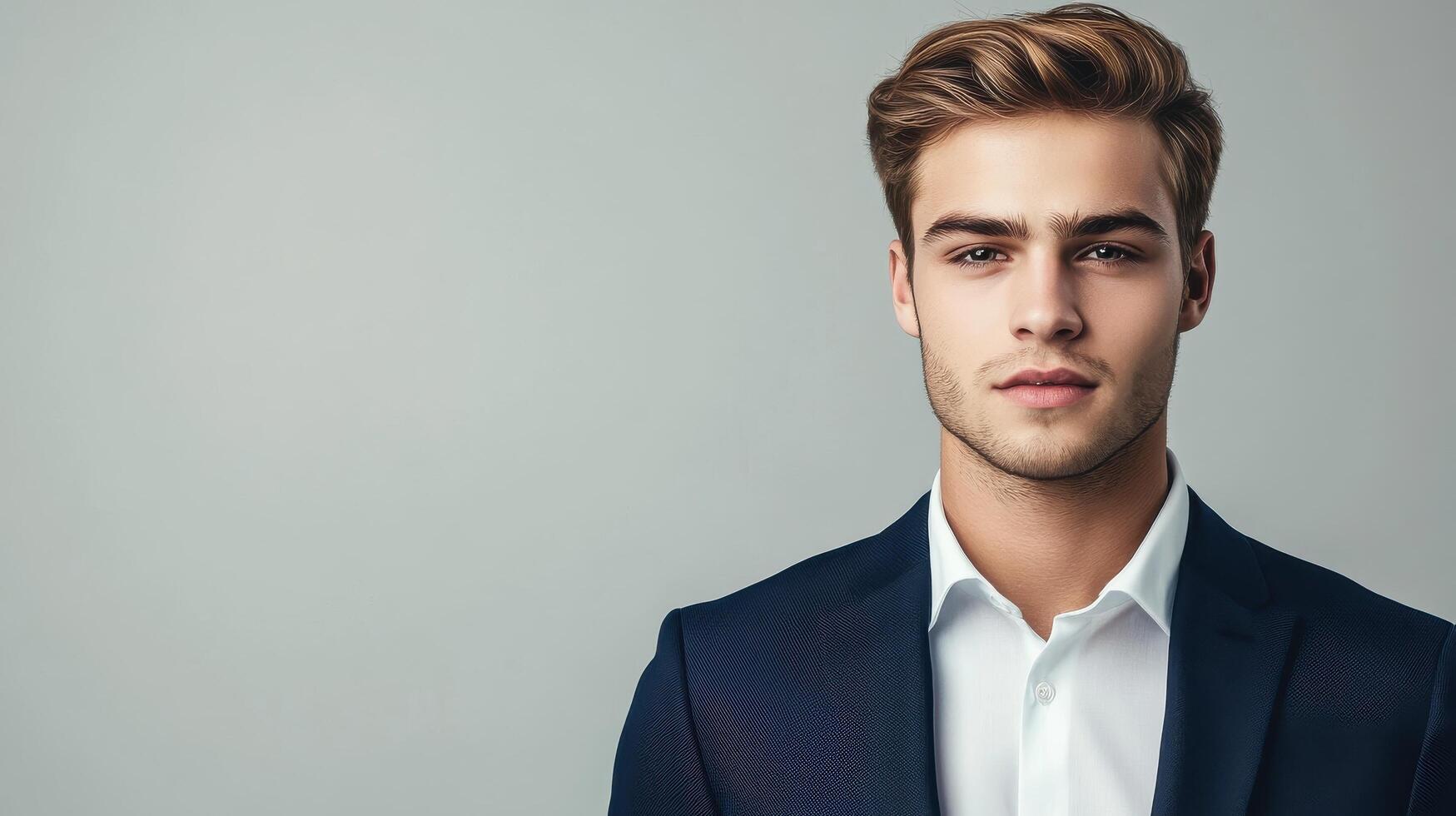 Confident young male professional in suit against neutral backdrop photo