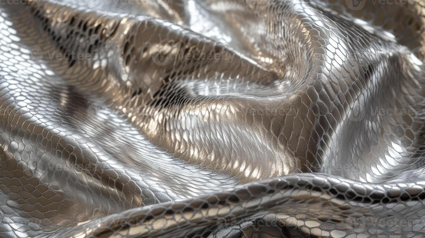 Silver metallic fabric with snake skin pattern and reflective texture photo