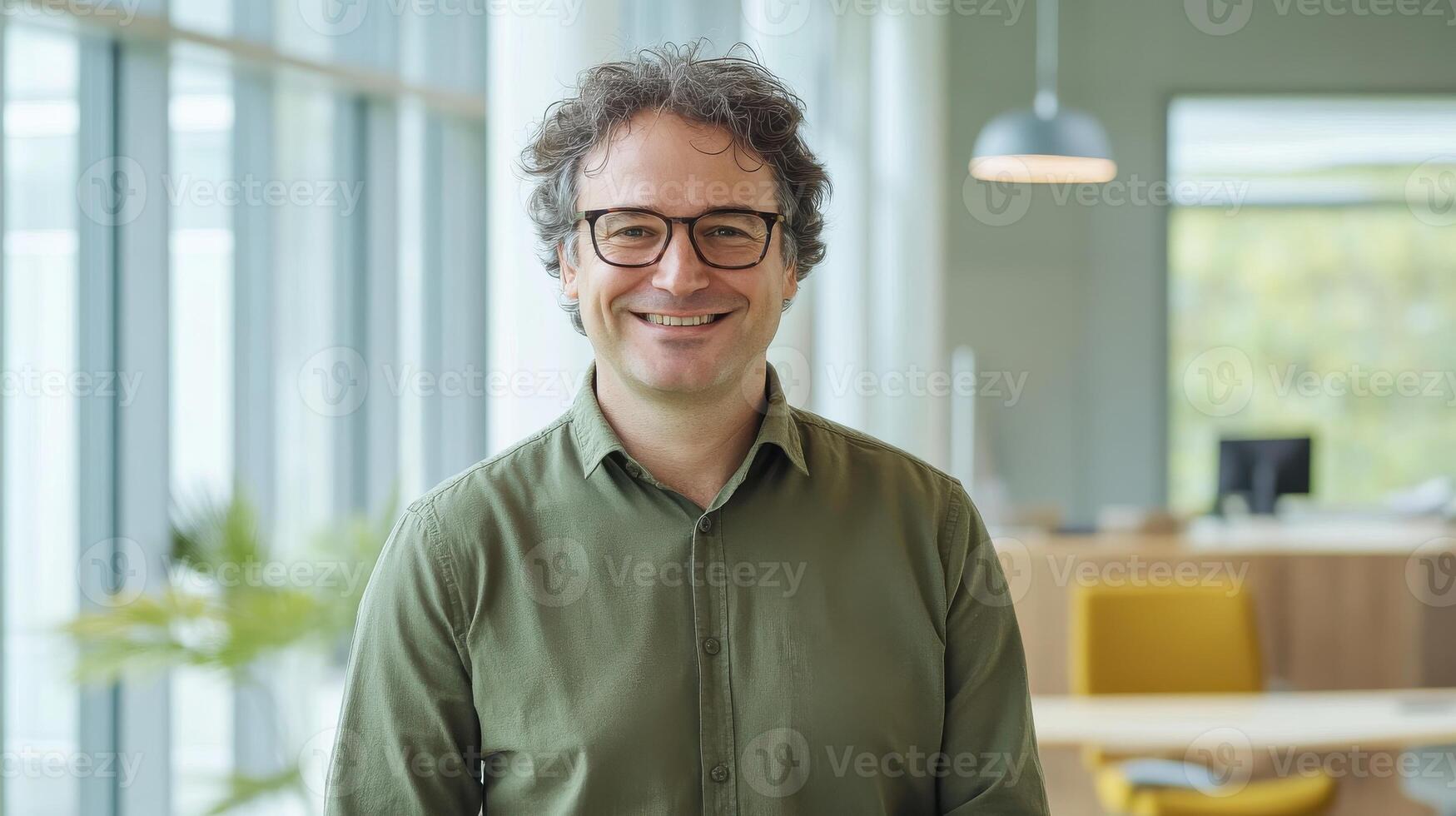 Smiling middle-aged man in office setting with glasses and green shirt photo