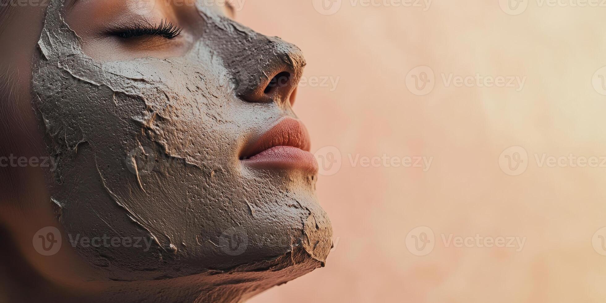 Female with clay face mask relaxing during sunset skincare treatment photo