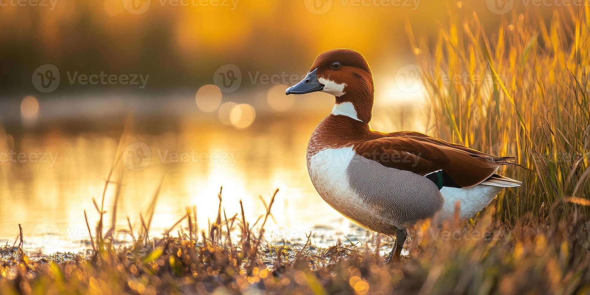 Majestic duck standing by tranquil lake at golden hour sunset photo