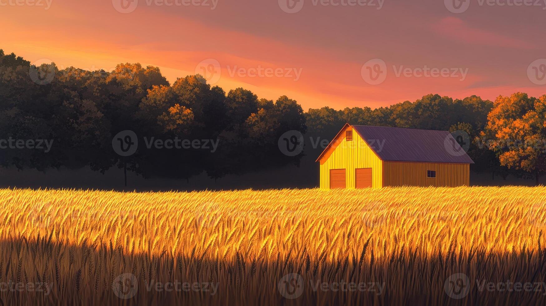 Golden wheat field at sunset with barn amidst forest landscape agriculture concept photo