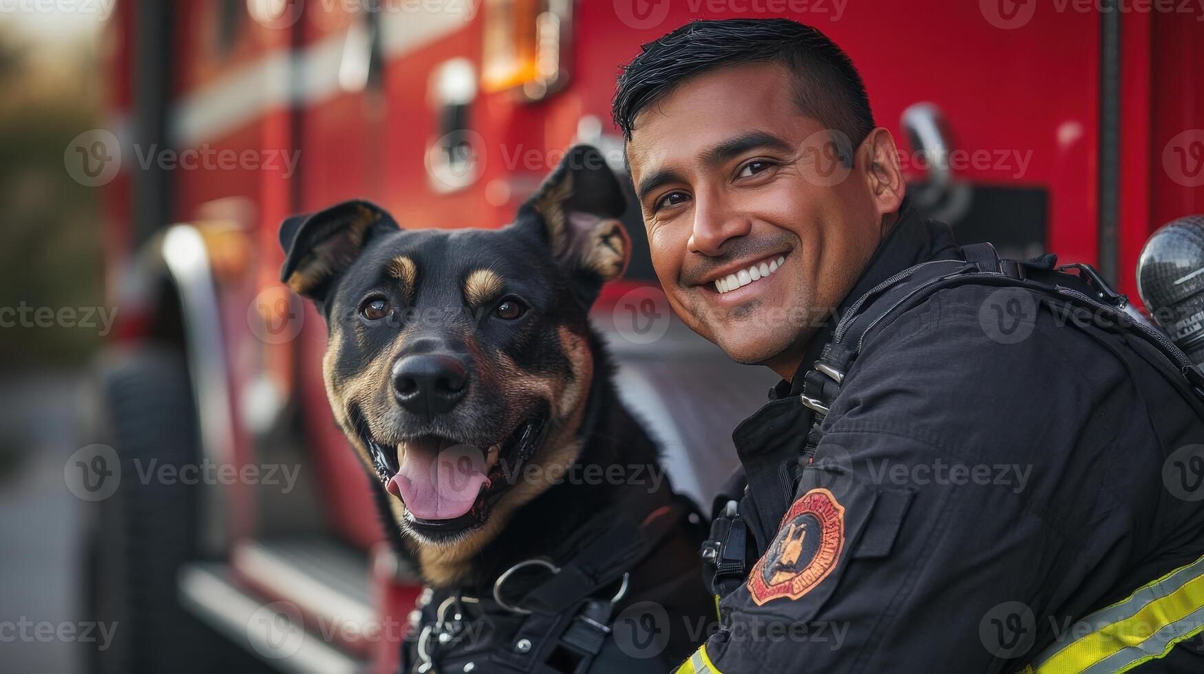 Firefighter with loyal rescue dog symbolizing teamwork and bravery in emergency services photo