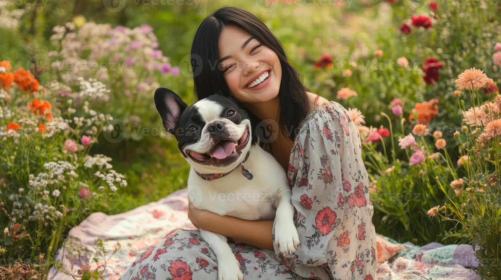 Young woman with smiling french bulldog sitting in colorful flower garden ambiance photo
