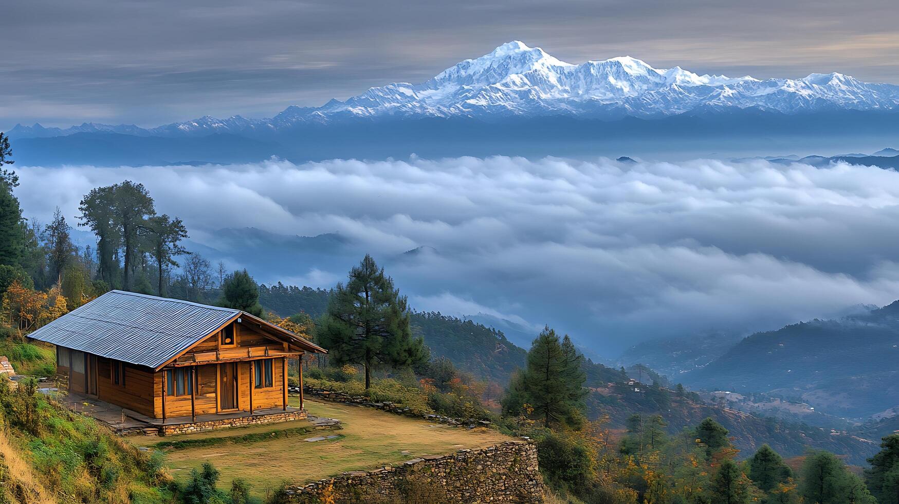 Snow-Draped Mountains and a Serene Cottage Below the Clouds photo