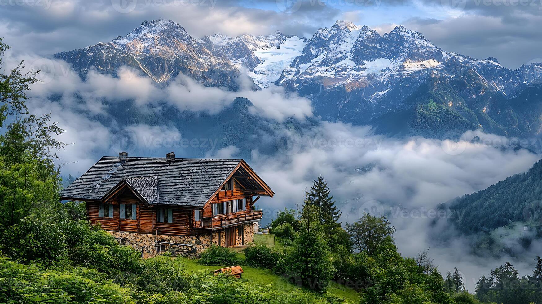 Quiet Cottage Below Snow-Capped Mountains and Wispy Clouds photo