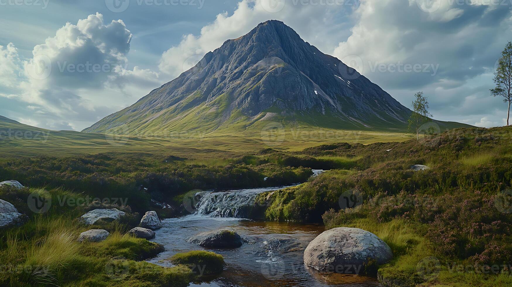 Realistic Mountain Scenery with a Beautiful Stream Flowing Through the Valley photo